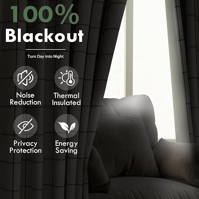 DriftAway 100% Blackout Plaid Linen Curtains W52xL90 Loden Green | 100% Blackout, Linen Texture, Plaid Pattern, Two Layers, Rod Pocket & Back Tab, Bedroom Living Room Use, Luxury Appearance