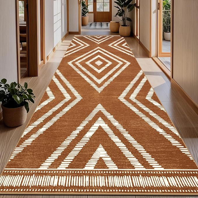 Boho 4x10 Hallway Runner Rugs Non Slip, Long Brown Washable Farmhouse Kitchen Rug Runners Non Shedding, Moroccan Floor Carpets for Bedroom Entryway Living Room Home Decor