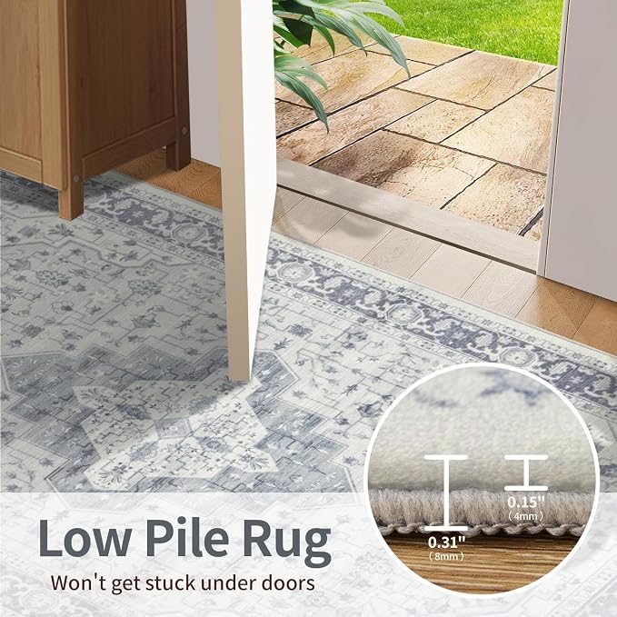 Rugxara Washable Area Rug for Living Room, Vintage Boho Rugs for Office, Dining Room, Kids Room, Farmhouse, Durable Low Pile Non Slip Carpet for High Traffic Areas, Blue Quartz(4x6ft)