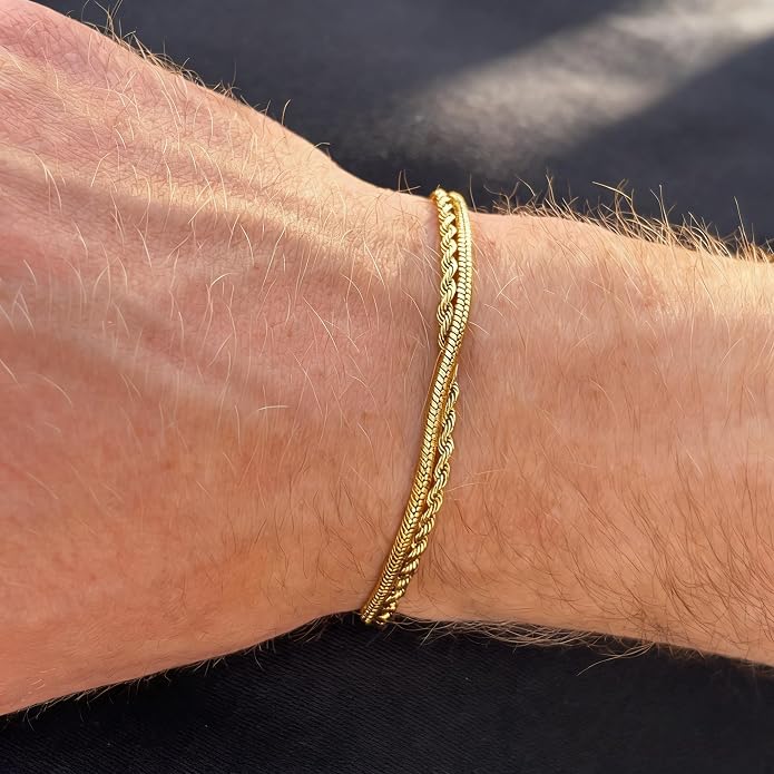 Gold Bracelets for Men Trendy - Dainty Gold Plated Stainless Steel Snake Link Bracelet Stack Rope Figaro Herringbone Chain Bracelets Set Adjustable Cuban Link Bracelet for Men Birthday Gifts for Man