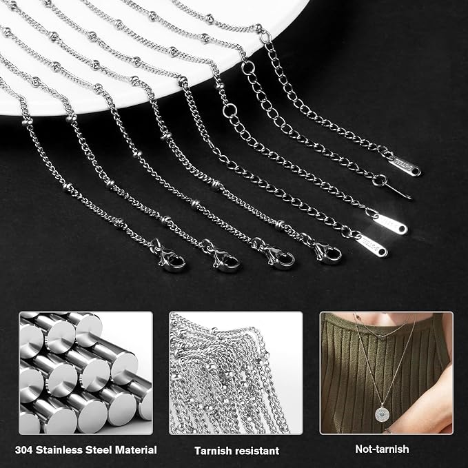 Cadikez 24PCS Stainless Steel Satellite Chain Necklace Bulk, 2mm 18inch Stainless Steel Finished Beaded Curb Link Chains for Necklace Jewelry Making