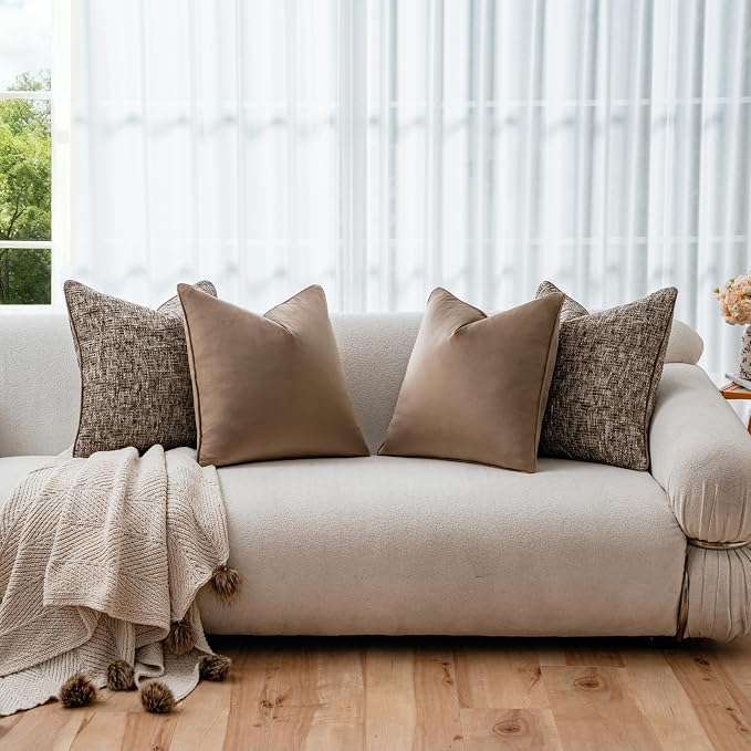 a moment Brown 4 Pack Throw Pillow Covers - Chenille & Velvet Set with Piping, Farmhouse Textured Design Pillow Cases for Couch Sofa Bed Livingroom (16x16 Inch, No Insert)