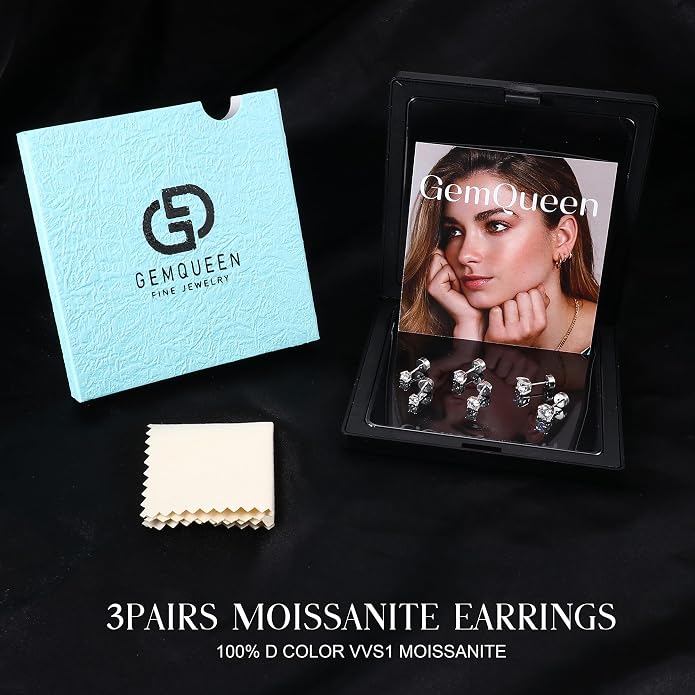 GEMQUEEN 3/4 Pairs Moissanite Earrings Studs 14K Gold Plated S925 Sterling Silver Flat Back Earring for Women Men - Hypoallergenic Set Cartilage Helix Piercing Jewelry Trendy D Color VVS1