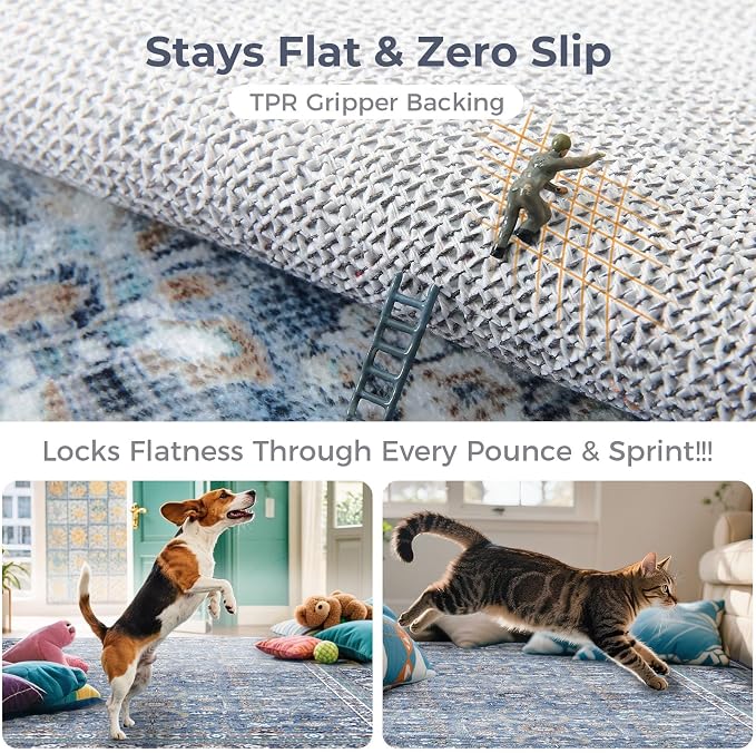 OPPODREAM Vintage Blue Area Rugs 10x14, 10 x 14 Retro Washable Rug Non Slip, Low-Pile Faux Wool Carpet, Distressed Navy Floor Mat for Living Room, Bedroom, Office, Dorm, Dinning Room, Big & Large