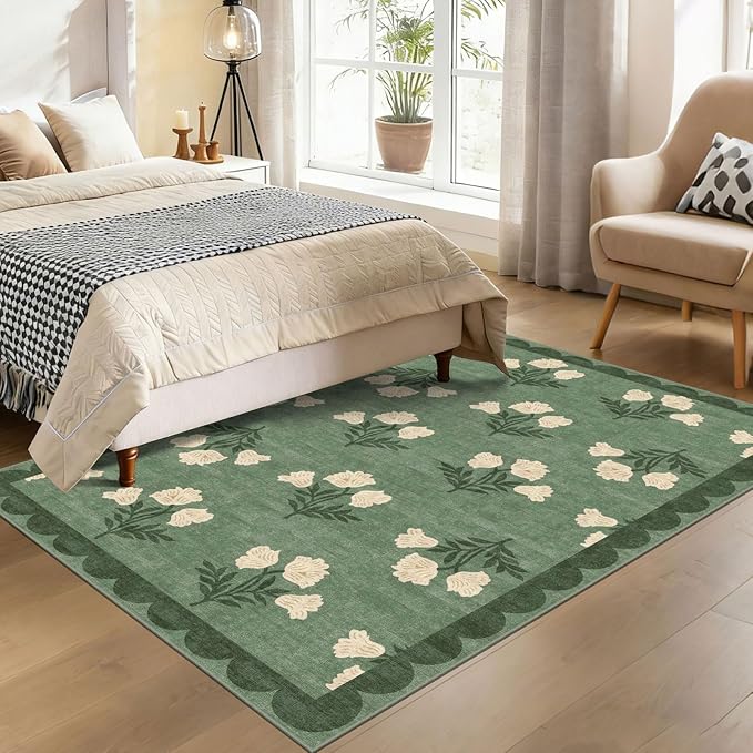 4x6 Boho Bedroom Rug - Sage Green Soft Washable Entry Rug Non Slip Stain Resistant Vintage Floral Scalloped Area Rugs for Living Room Bedroom Entryway Dining Room Kitchen Nursery Home Decor