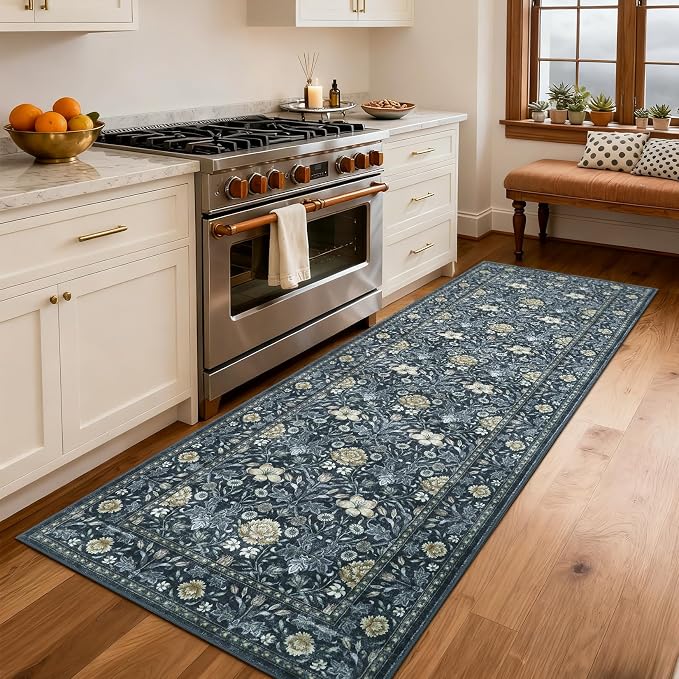 GarveeHome Washable Runner Rug 2x6, Non Slip Floral Kitchen Runner for Hallway Entryway Laundry Bathroom Mat Farmhouse Thin Stain Resistant Carpet for Bedroom Beside Rug