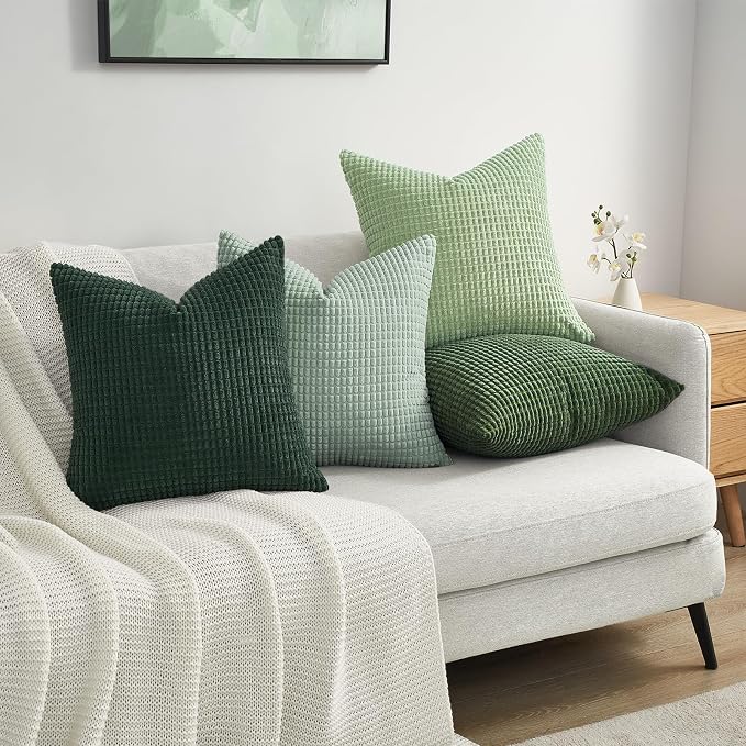 Topfinel 4 Packs LightGreen Decorative Throw Pillow Covers 16x16 Inch for Living Room Couch Bed Sofa, Boho Western Farmhouse Home Decor, Square Soft Moss Corduroy Summer Cushion Case 40x40 cm