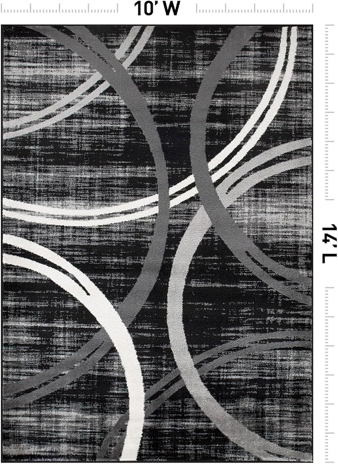 Rugshop Wavy Circles Modern Non-Shedding Area Rug Black 10' x 14'