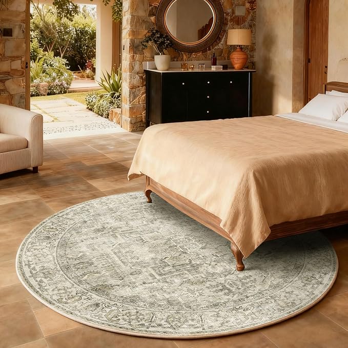 4x4 Round Bedroom Rug Washable: Living Room Rug Stain Resistant Non Slip Low Pile Soft Small Area Rug for Bedroom Entryway Kitchen Living Room Bedside Office Dorm Kids Room Entrance