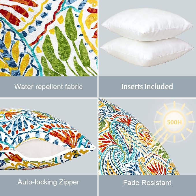 LVTXIII Outdoor Throw Pillows 20x20 Patio Waterproof Square Pillows with Piping Fade Resistant Accent Pillow for Spring Summer Garden Decoration, Set of 2, Paisley Multi