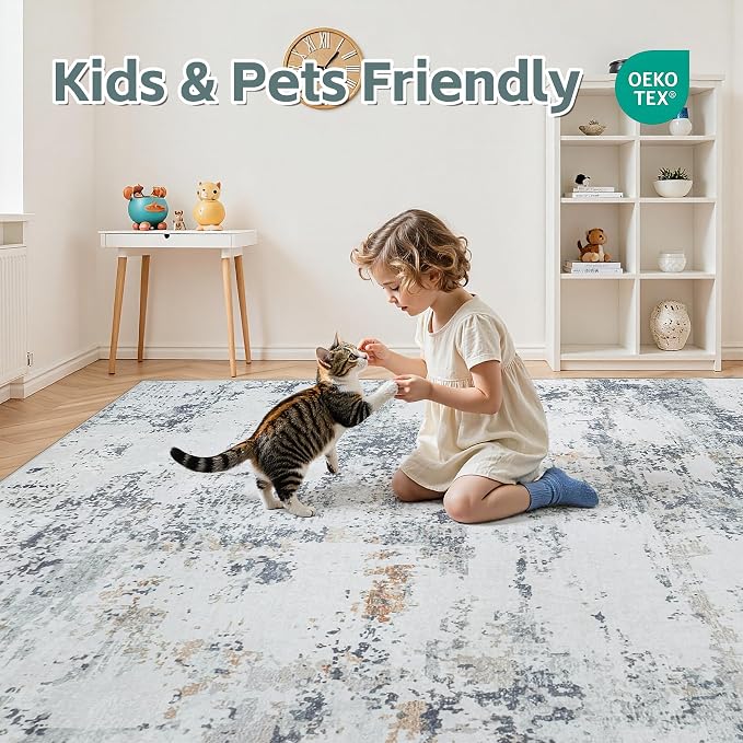 9x12 Area Rugs Living Room Rug Modern Abstract Neutral Washable Rugs Non Slip Soft Carpet Large Area Rug Low Pile Stain Resistant Non Shedding for Bedroom Nursery Dining Room Home Office Blue Grey