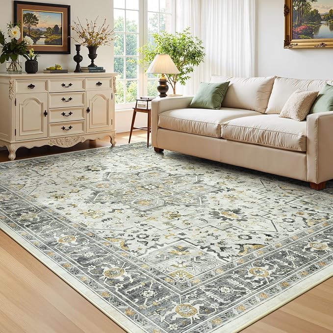 Earthy Taupe Vintage 8x10 Living Room Rug - Light Grey Distressed Boho Aesthetic Geometric Decor Carpet, Washable Low Pile Non-Slip Extra Large Area Rugs for Dining Under Table Bedroom Lounge