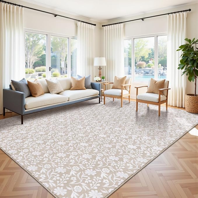 Vaukki 8x10 Area Rug for Living Room, Soft Fluffy Washable Modern Floral Indoor Floor Mat, Non Slip Shaggy Boho Accent Throw Carpet for Bedroom, Living Room, Nursery and Dining Room, Beige and White