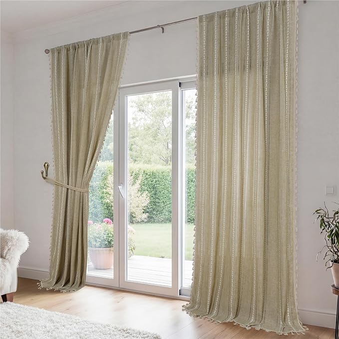 ColorBird Boho Floor to Ceiling Linen-Textured Brown Tan Curtains for Living Bedroom Sliding Doors 96 Inches Farmhouse Light Filtering Embroidered Striped Drapes Dining Room Closet Window Treatment