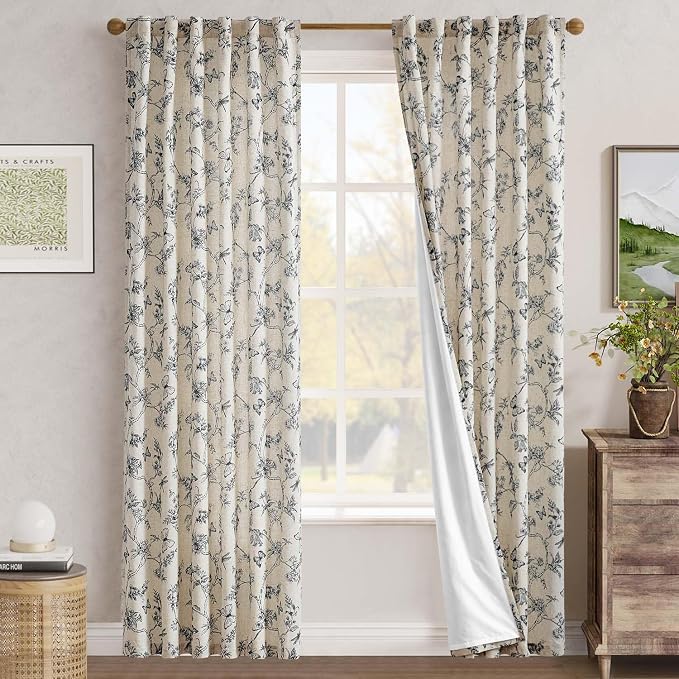 jinchan Black Floral Linen Curtains Lined 84 Inch Vintage Back Tab 2 Panels | Privacy lining, light filtering drapes, cottagecore, french country, farmhouse, bedroom, living room, window treatment