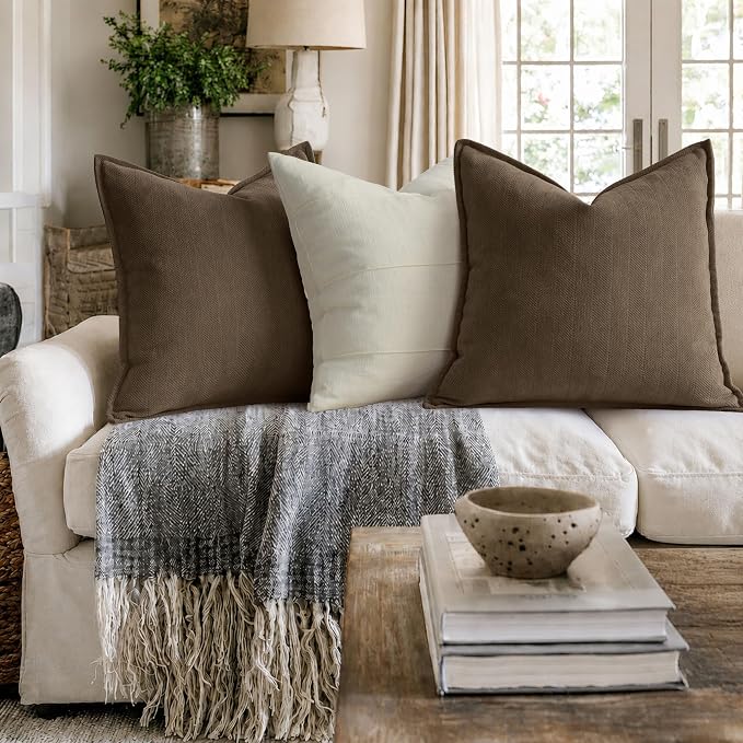 ZWJD Brown Pillow Covers 18x18 Set of 2 Chenille Throw Pillow Covers with Elegant Design Soft and Luxurious Decorative Throw Pillows for Couch, Bed, and Home Decor