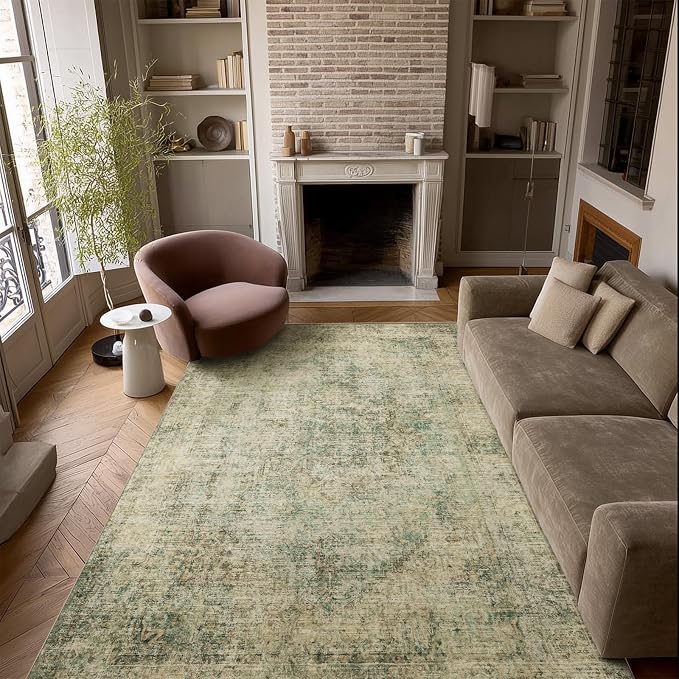 Machine Washable Rugs for Living Room: 5x7 Area Rugs for Bedroom Ultra Soft Non-Slip Low Pile Vintage Distress Boho Large Carpet for High-Traffic Dining Room - Farmhouse Decor