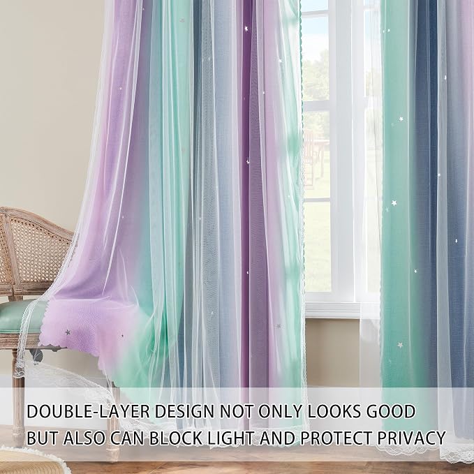 XiDi Purple Grey Green Short Curtains for Girls Bedroom 2 Panels Set, Rainbow Blackout Curtains for Kids Room Decor, Unicorn Wall Decals Grommet Drapes for Nursery 45 Inches Long 34 Inches Wide