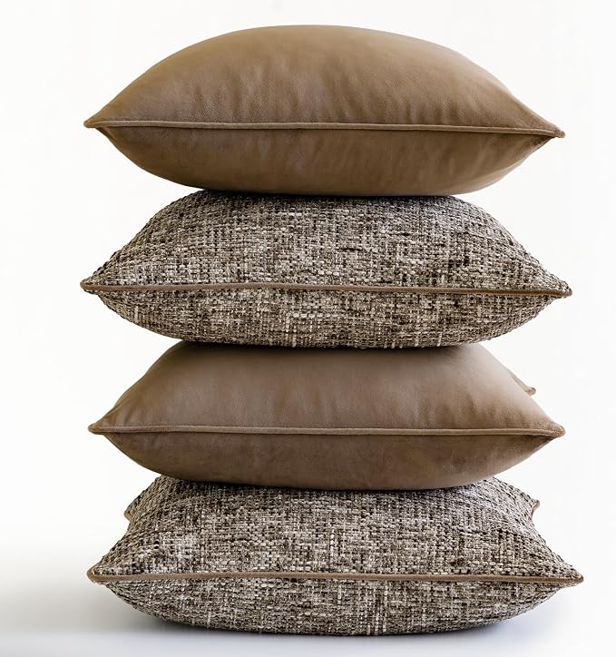 a moment Brown 4 Pack Throw Pillow Covers - Chenille & Velvet Set with Piping, Farmhouse Textured Design Pillow Cases for Couch Sofa Bed Livingroom (16x16 Inch, No Insert)