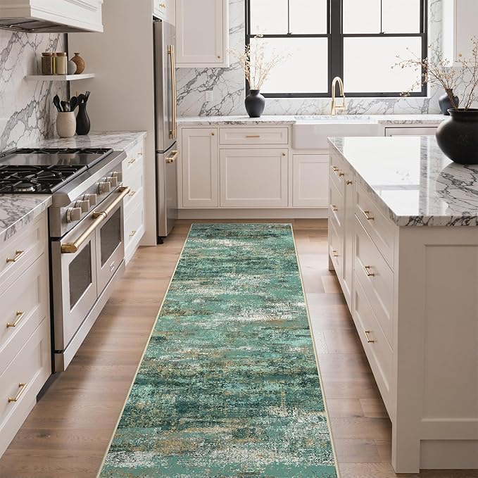 GENIMO Runner Rug Non Slip 2x10, Washable Rug Runner for Hallways Kitchen, Abstract Modern Kitchen Rugs, Low Pile Lightweight Carpet Runners for Entryway, Bedroom, Laundry, Turquoise