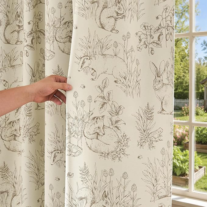 jinchan Taupe Blackout Curtains 84 Inch Whimsical Back Tab 2 Panels | Room darkening,nursery kids bedroom,privacy,whimsical,cottagecore,bunny pattern,botanical,nature-inspired decor