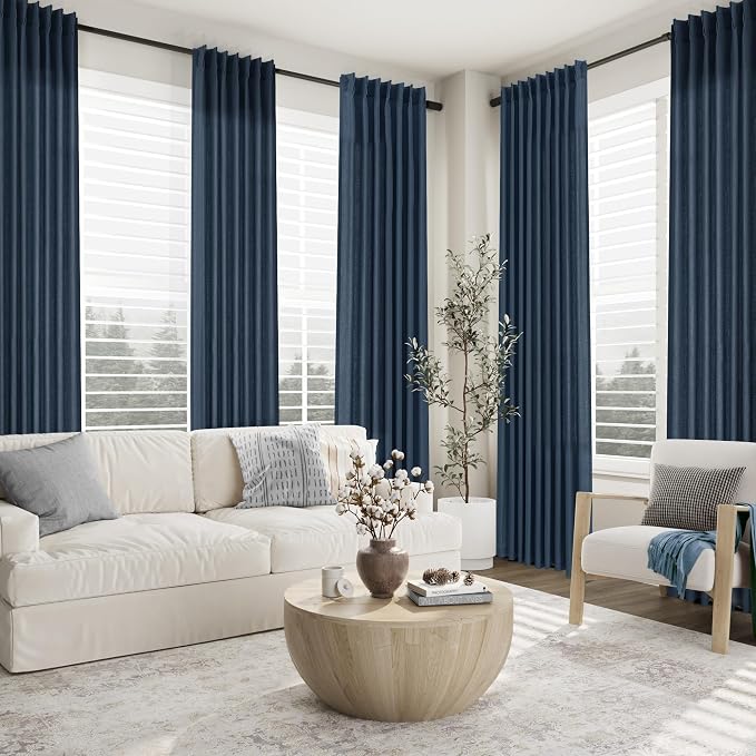 Aersas Denim Blue Pinch Pleated Linen Curtains 90 Inch Length 2 Panels for Living Room Bedroom Semi Sheer Window Curtain Boho Neutral Back Tab Pinch Pleat Drape with Hooks 40x90