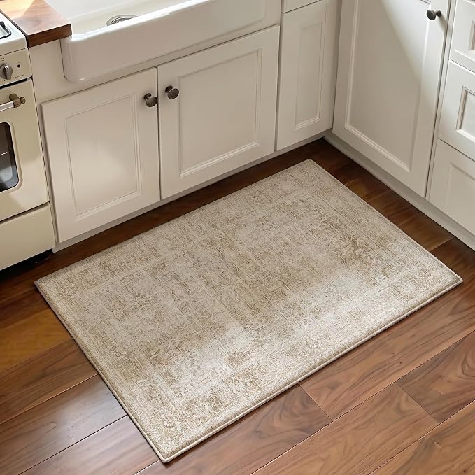 Beauoop 2x3 Washable Beige Neutral Vintage Distressed Retro EntryWay Rug | Cream Non Slip Low Pile Oriental Soft Small Carpet Throw Rugs Door Mat Retro Entry Entrance Kitchen Bedroom Bathroom Laundry
