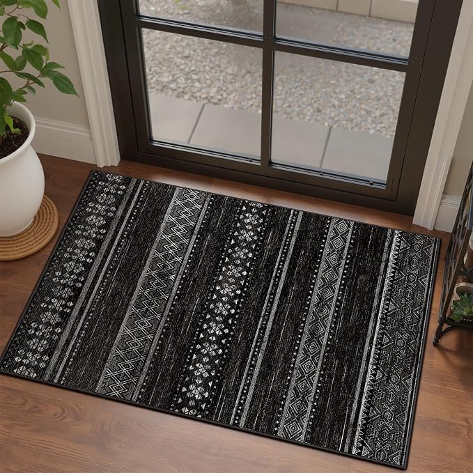BESTSWEETIE 2x3 Area Rugs for Living Room Washable Moroccan Farmhouse Neutral Geometric Low Pile Non-Slip Soft Print Pattern Rug for Bedroom Kitchen Dining Room Entryway Black/White