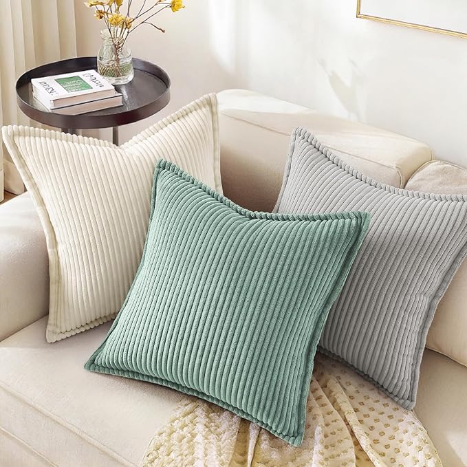 decorUhome Fall Corduroy Teal Throw Pillow Covers 26x26 Set of 2 | Euro Sham Couch Decorative Soft Modern Boho Farmhouse Pillow Covers Broadside Striped Pillow Cases for Living Room Bed Sofa