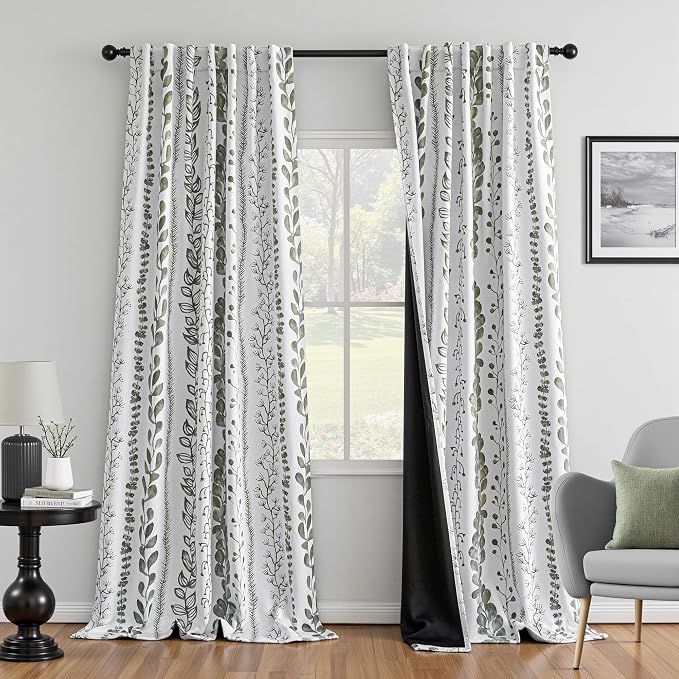 MEETSKY Sage Green Blackout Curtains 72 Inches Long 2 Panels Boho Curtains for Living Room Thermal Insulated Privacy Protection Rod Pocket Drapes for Bedroom, Leaf Print Window Treatment, 50" Wide