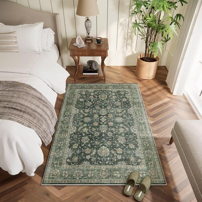 Washable 3x5 Entryway Rug, Boho Vintage Non-Slip Door Mat, Sage Green | 0.3" Neutral Throw Small Rugs for Bedroom Kitchen Nursery Entrance, Cushioned for High-traffic Area