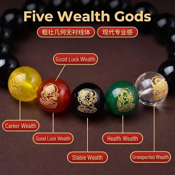 LINGYUAN Feng Shui Wealth and Luck Bracelet with Gold Foil Five Gods Amulet-Red Agate Cinnabar Gemstone Bracelet for Prosperity, Protection & Success, Lucky Charm Gift for Men & Women