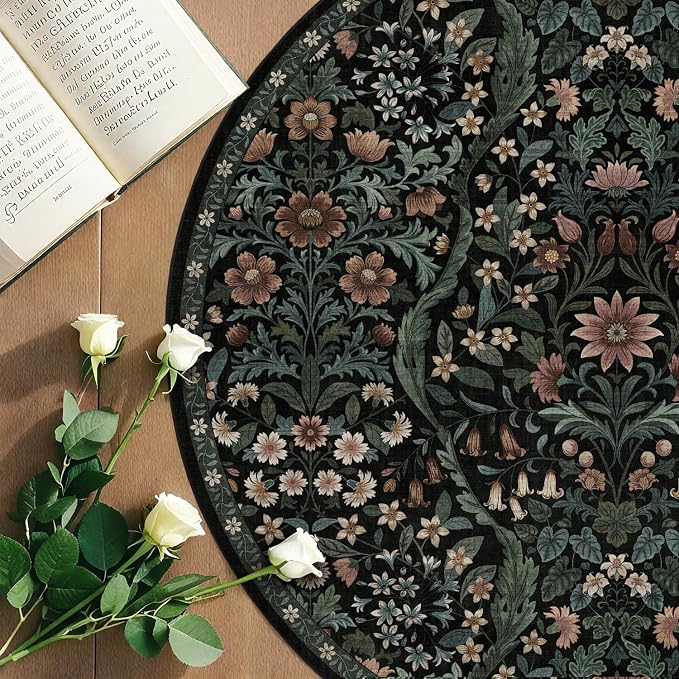 Round Rug 5ft Black Washable Floral Circle Rug,Vintage Boho Botanical Round Area Rugs, Non-Slip Soft Low-Pile Circular Carpet for Bedroom,Kids Room,College Dorm,Home Decor