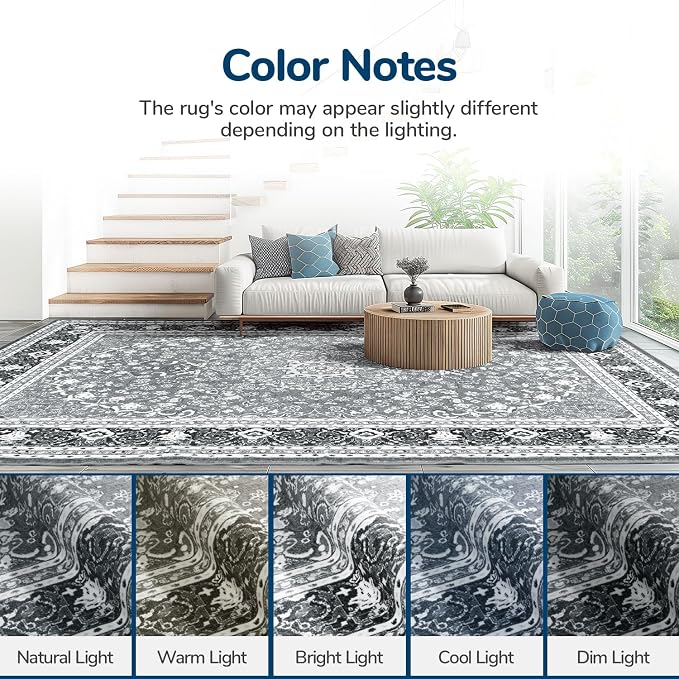 Lessymo Washable 8FT Round Area Rugs for Living Room, Non Slip Circle Rugs Low Pile Vintage Carpet for Bedroom, Dining Room, Nursery, Home Office, Grey White