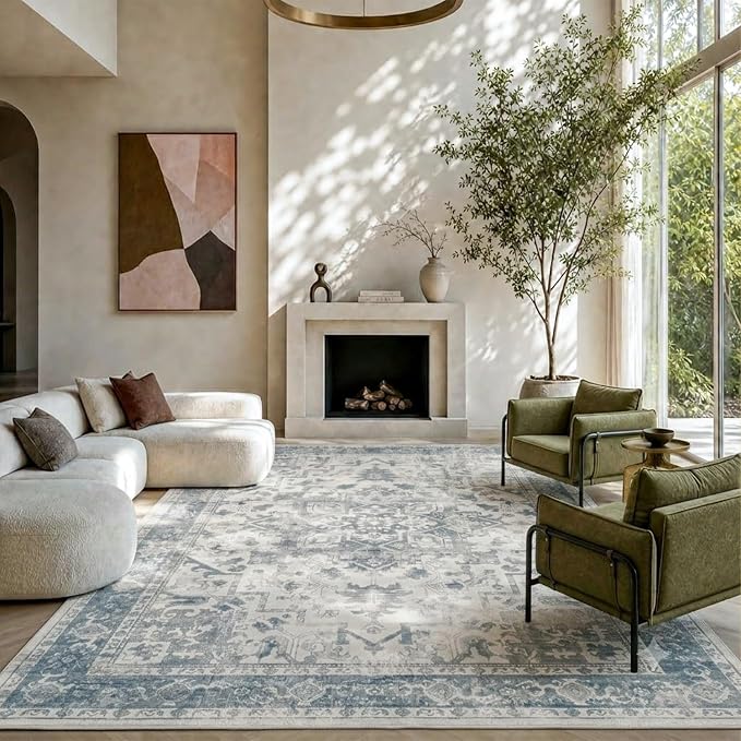 Rugxara 6x9 Washable Area Rug for Living Room, Neutral Vintage Large Boho Rugs for Office, Dining Room, Kids Room, Farmhouse, Durable Low Pile Non Slip Carpet for High Traffic Areas, Light Blue Grey