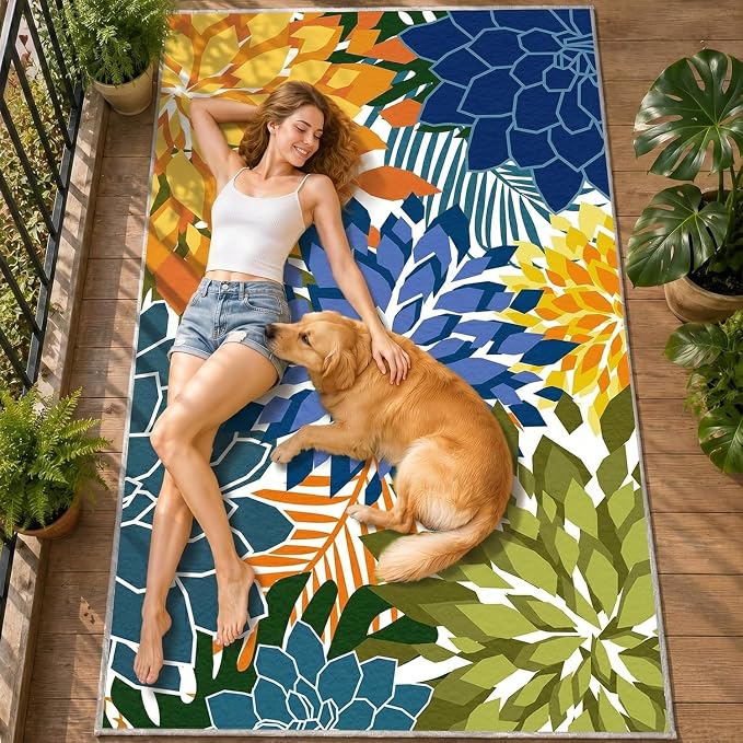 ZonLi Colorful Outdoor Rug 5x8Ft Waterproof Multicolored Indoor Area Rug Washable Outdoor Patio Rugs Tropical Floral Non Slip Outdoor Carpet for Living Room, Pool,Backyard,Deck,Camping