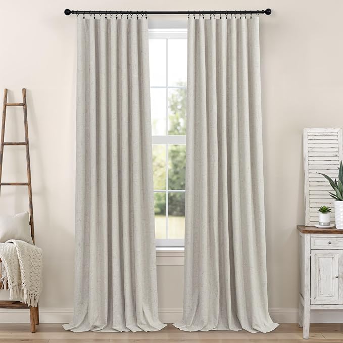 Black Out Linen Curtains 108 Inches Long for Living Room 2 Panels Set Total Blackout Flax Pleated Drapes Back Tab Neutral Boho Ceiling Floor 108 Inch Window Curtains Bedroom Cottage Core Stone Taupe