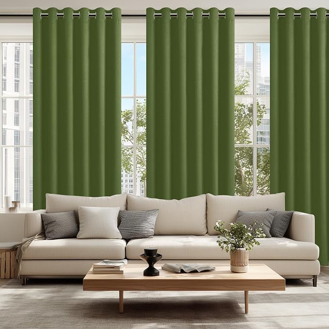 Hiasan Room Darkening Curtains for Bedroom, 70 x 84 Inches - Thermal Insulated & Energy Saving Window Drapes for Living Room/Dorm Room, Set of 2 Panels Sewn with Tiebacks, Olive Green