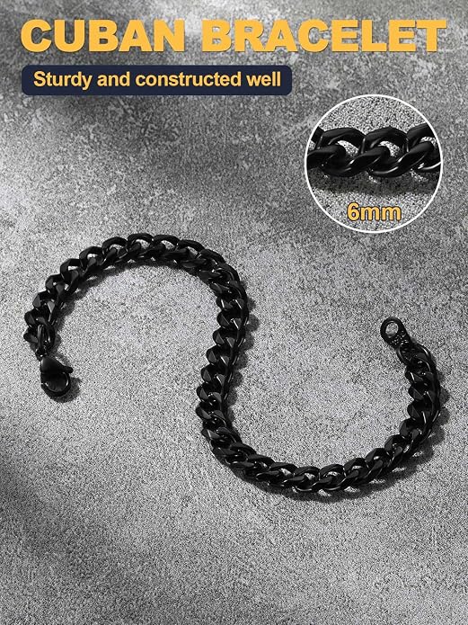 U7 Link Bracelets for Men, Cuban Link/Rope/Watch Band Solid Bracelet, Silver Black Gold Color Wrist Bracelet 3/6/9/12/15mm Width, 6.5/7.5/8.3 Inch Length, Hand Chain Jewelry for Mens Women