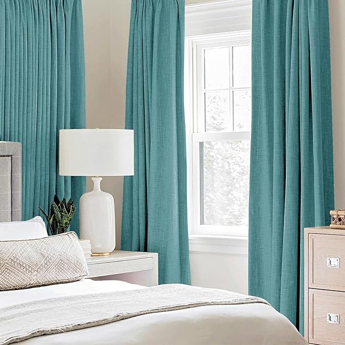 MIULEE 100% Blackout Linen Textured Curtains for Bedroom Solid Thermal Insulated Teal Grommet Room Darkening Curtains & Drapes Luxury Decor for Living Room 52 x 45 Inch (2 Panels)