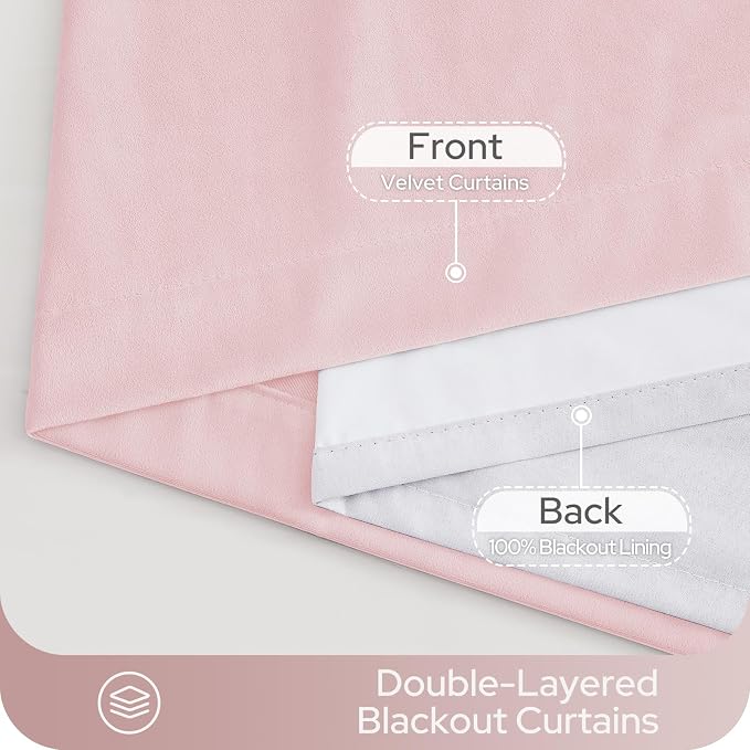 HOMEIDEAS 100% Blackout Pink Velvet Curtains, Thermal Noise Reduction Luxury Velvet Curtains for Bedroom Preppy Room Decor, Living Room, 52 X 108 Inch, 2 Panels