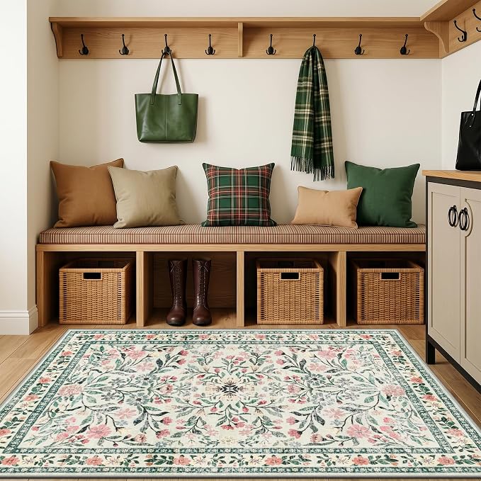 Area Rug Living Room Rugs: Floral 3x5 Washable Rug Vintage Soft Boho Non-Slip Carpet Indoor Floor Stain Resistant Large Carpets for Bedroom Dining Room Farmhouse Nursery Hallway Green/Beige