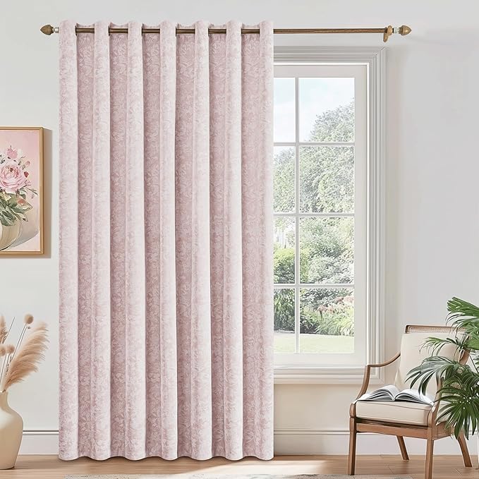 Beauoop Pink Floral Jacquard Blackout Sliding Door Curtains 100x84 1 Set | Flower Chenille Room Darkening Patio Curtains Extra Wide Room Divider Drapes Thermal Soundproof Window treatment Grommet