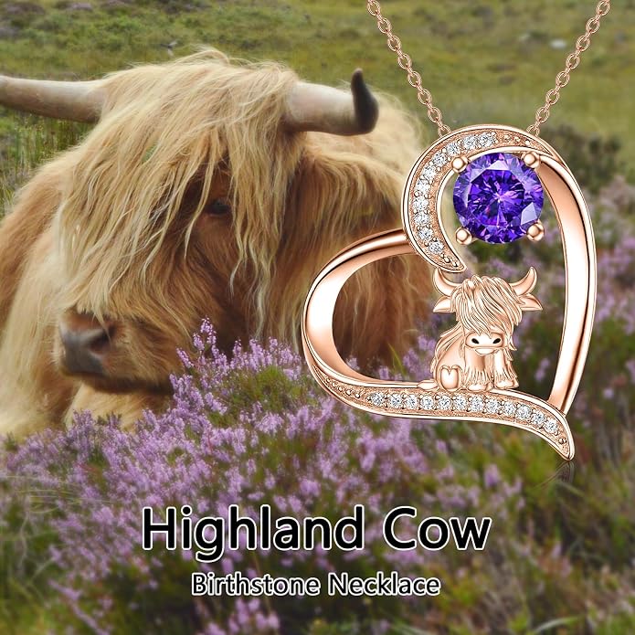 Highland Cow Gifts for Women 925 Sterling Silver Highland Cow Birthstone Necklace Fluffy Cow Jewelry Gifts Birthday Christmas