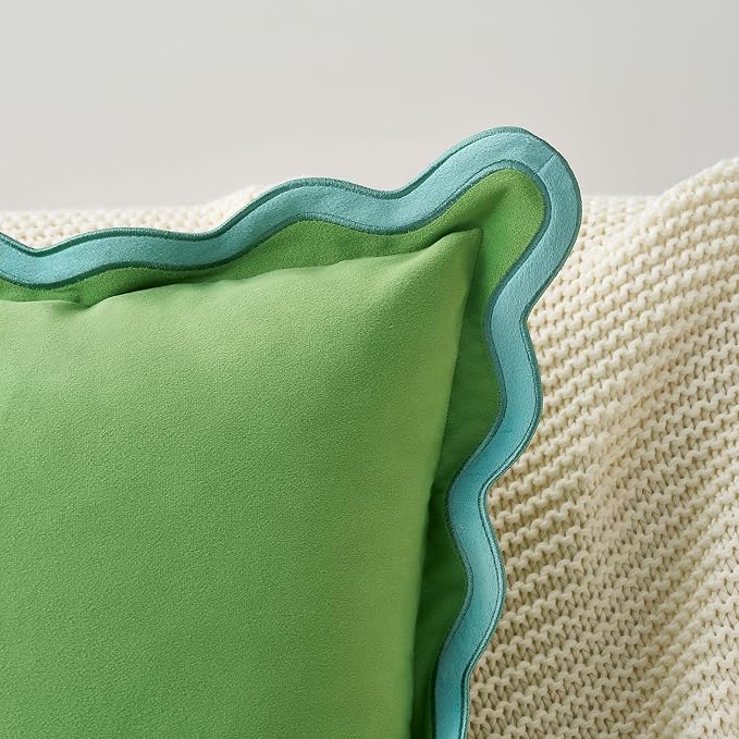 MONDAY MOOSE Decorative Throw Pillow Covers Cushion Cases, Set of 2 Soft Velvet Scalloped Wavy Edge Designs, Pillow Inserts Not Included (22x22 inch, Light Green/Light Blue)