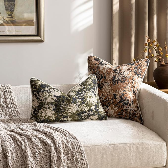 DEZENE Pack of 2 Vintage Floral Pillow Covers 12x20 Boho Farmhouse Accents Chenille Rectangular Lumbar Decorative Throw Pillow Cases for Living Room Couch Bed Home Decor, Olive Green