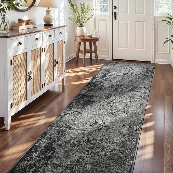 3x10 Black Rug Runners for Hallways Kitchen Runner Rug Non Slip Washable Black Long Runner Rugs with Rubber Backing Soft Abstract Carpet Runner for Bedroom, Kitchen, Bathroom, Entryway