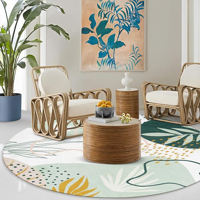 Lahome Green 8 Ft Round Rug - Washable Round Area Rug for Living Room Throw Soft Boho Round Rug Large Non-Slip Dining Room Rug, Botanical Print Round Carpet for Bedroom Office (Green,8'x8')