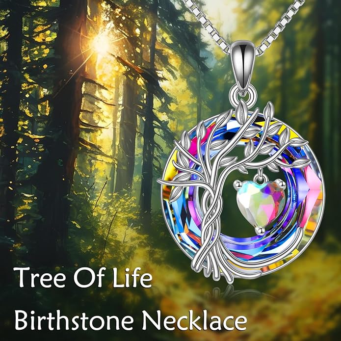 POPLYKE Mothers Day Gifts for Mom Her Wife Tree of Life Necklace 925 Sterling Silver Birthstone Pendant with Crystal Anniversary Birthday Wedding Jewelry for Women