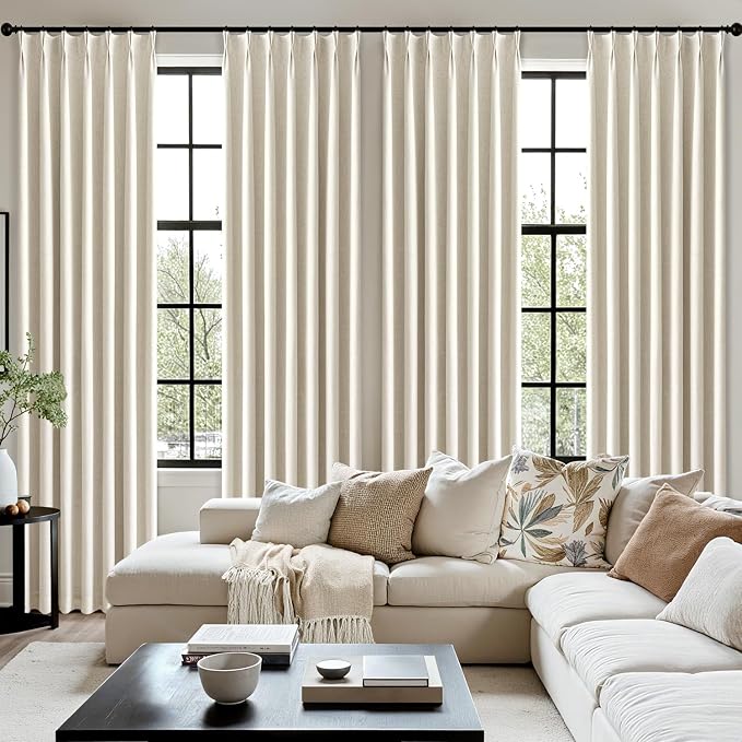 MIULEE Linen Pinch Pleated 100% Blackout Linen Curtains 96 Inch Length 2 Panels Set, Black Out Memory Trained Pleat Curtains Light Blocking Room Darkening Drapes for Bedroom Living Room Window